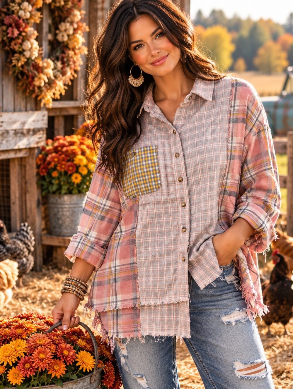 Papermoon Medium Pink Plaid Patchwork High Low Button Down Shirt Raw Hem Boho